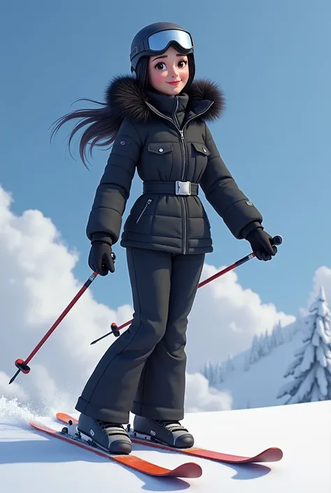 Woman 30, long black hair, wearing black short belted skiing jacket with black hood attached with black fur trim. Black matching skiing pants. Black helmet and goggles. Skiing at Colorado ski slope. 

Pixar Disney Cartoon Animation Character 