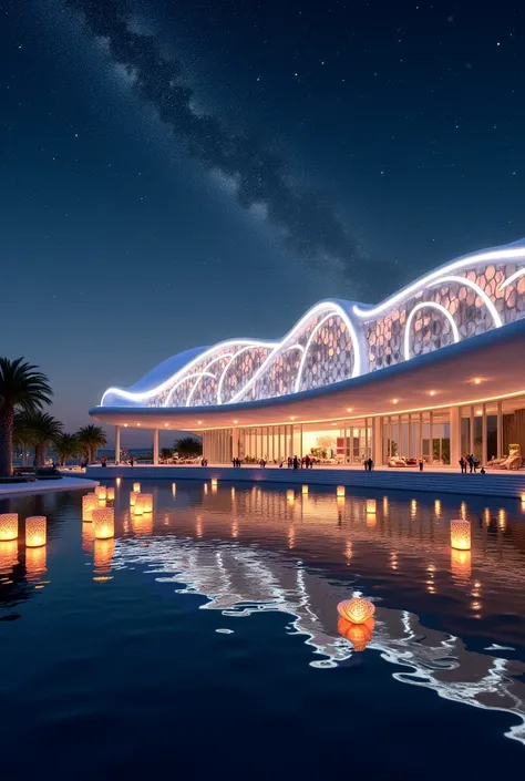 #### **المثال 3: المنظر الليلي**  
**الوصف:**  
"Night view of the center: glowing white LED lines highlighting the curved façade. Solar-powered lanterns floating on the lagoon. Starry sky with Milky Way. Warm light from hexagonal windows. Style: Cinematic...