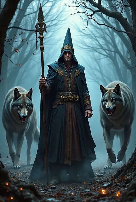 Handsome medieval wizard fighting werewolves