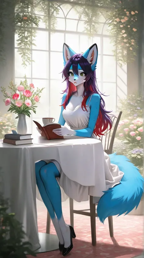  sitting, drinking tea, white fancy table, reading book, one female furry,  green eyes, purple hair with red hair on the tips, blue fur, nout, ears, wolfy furry fox (light color:1.4)GBF_style、748cmstyle、32K、 is present、Artistic、 professional lighting、 supe...