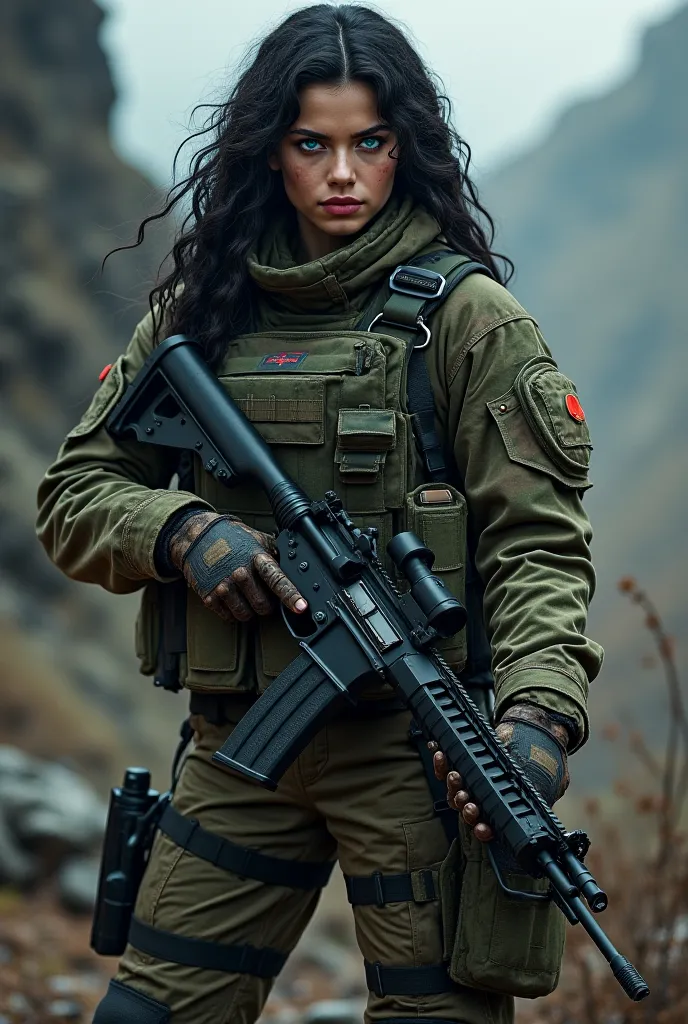 A girl with long curly black hair and turquoise , using a military camouflage with weapons 