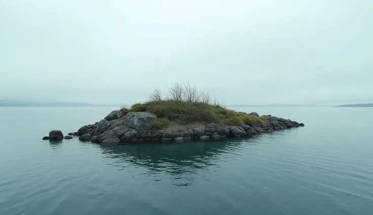  A small isolated piece of land ,  surrounded by tranquil waters .  The land is covered by sparse vegetation ,  with some rocks and creeping shrubs visible .  The horizon is distant , and the surrounding water is calm , sem waves,  reflecting the cloudy sk...