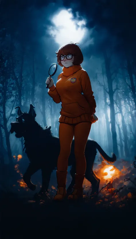 1 girl alone,Velma the Scooby Doo,short brown hair,square glasses,orange stockings , broad breasts,4k, obra maestra,   the best quality,  incredible quality  , aged , brutal, cunning, shy ,dark forest,pose,investigating, a magnifying glass in his hand ,fol...