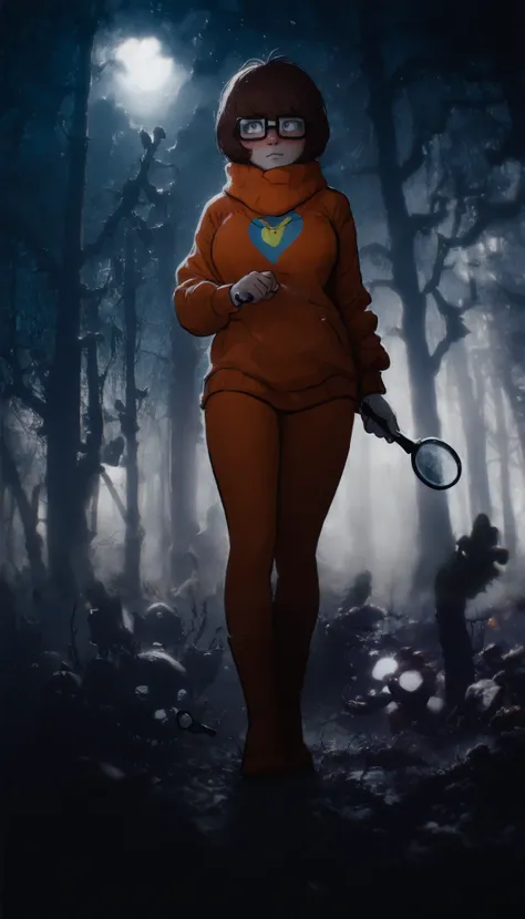 1 girl alone,Velma the Scooby Doo,short brown hair,square glasses, tall orange tights , broad breasts,4k, obra maestra,   the best quality,  incredible quality  , aged , brutal, cunning, shy ,dark forest,pose,investigating, a magnifying glass in his hand ,...