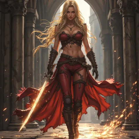 A realistic depiction of Manon Blackbeak.  Wide angle view. She has long, flowing wet golden blonde hair cascading over her shoulders. Tattered burnt Red leather filigree vest. Red leather pants with rope belt. Thigh-high buckled leather boots. Walking def...