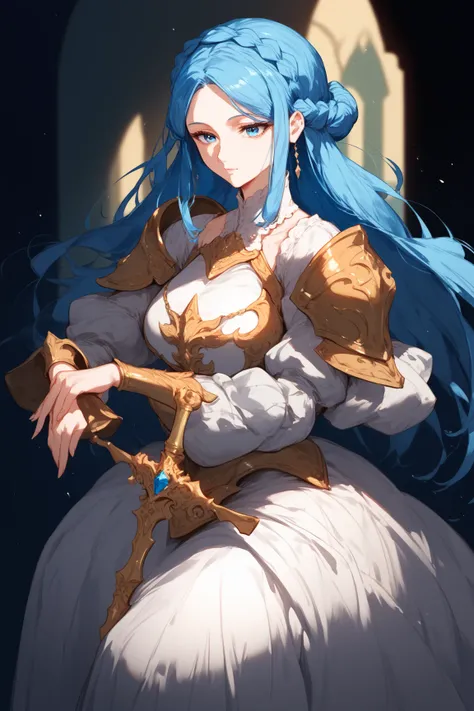 Mature Woman, blue hair, loose strands, Crown braid, blue eyes, white armor with gold details, white dress, long sleeved dress,Anime style 