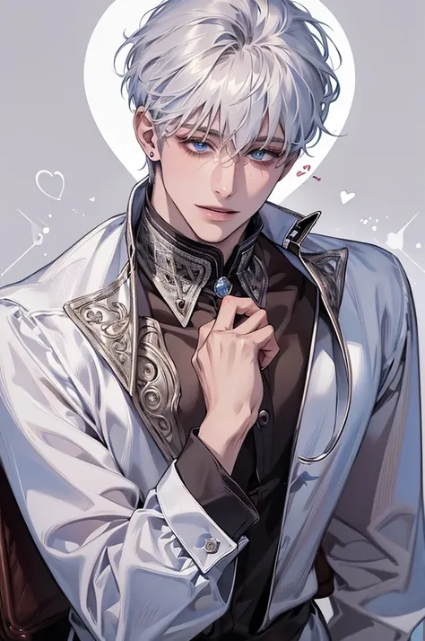 ( realistic:1.37,  best quality , 4K, 8k,  high resolution, masterpiece:1.2)  very detailed, Accurate eyes, young, 1 male,  very handsome,  white skin ,  silver hair,  short hair ,  blue eyes,  wolf ear,  smiley face , Medieval background, heart-shaped cho...