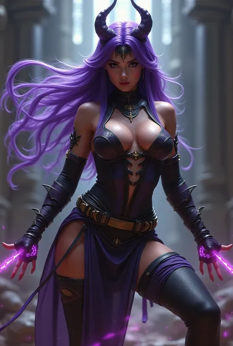 Sindel from the game Mortal Kombat in her traditional photorealistic outfit with giant breasts and big ass in an attacking position