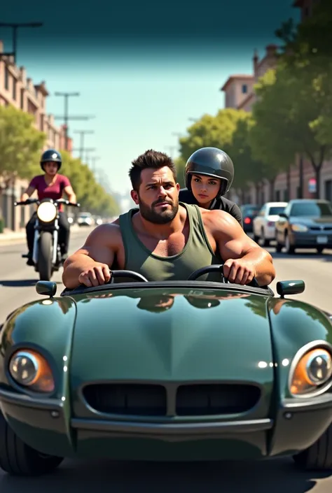 Full-bodied real looking man , 30 years old with a companion in the back seat,  and behind the car a woman on a motorcycle ,  the woman wears a helmet , They're going around town , The car is normal 