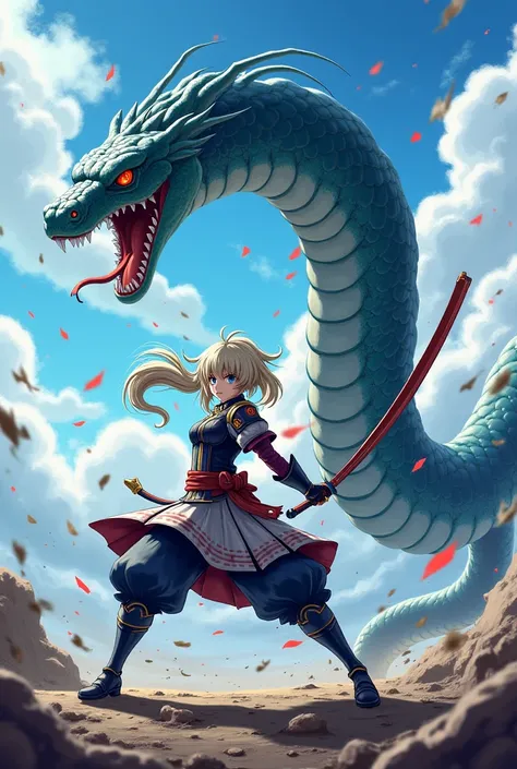 "Youmu Konpaku from Touhou Project, wearing light samurai armor using a naginata, fighting a giant snake.  Dragonball art style, dynamic, action scene."