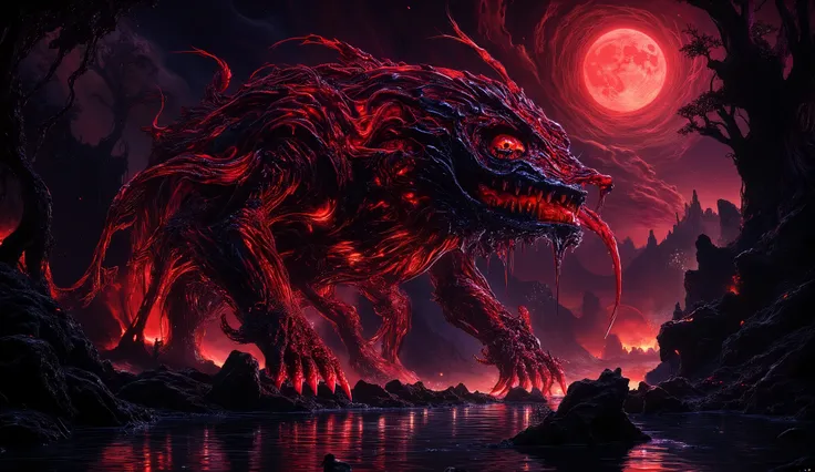 A colossal, nightmarish bioluminescent creature lurking in the depths of a hidden nocturnal oasis, its monstrous form glowing with pulsating, blood-red veins cutting through its dark, translucent skin. Its enormous, hollow eyes burn with an intense crimson...