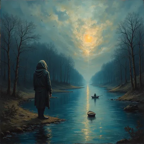  A surreal mixed-media masterpiece featuring a hooded figure standing on the bank of a river and shrouded in fog.  His hooded face is hidden in the shade and his chest reveals a vivid portal through which a bright and ethereal river flows ,  bordered by tr...