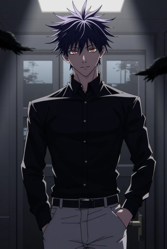 Masterpiece, 1Man, black hair, spiky hair, red eyes, (intimidating look), cold expression, neutral, gothic, black shirt, white social pants, charismatic, dark atmosphere, office  