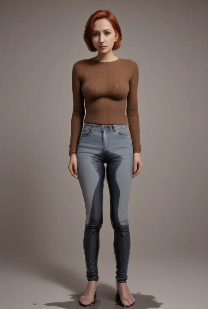 (Best Quality), (ultra-detailliert), (master piece), (hight resolution), (4, photorealistic: 1.37), slim athletic body, beautiful redhead with big breasts posing for a photograph,  alone (brown sweater, skin tight light grey jeans), full body (curvy), (sho...