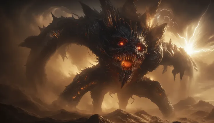 A colossal, nightmarish beast emerging from the heart of a raging sandstorm, its gargantuan body composed of shifting sand, jagged obsidian, and massive, ancient stones covered in glowing, eldritch runes. Its glowing red eyes burn through the swirling stor...