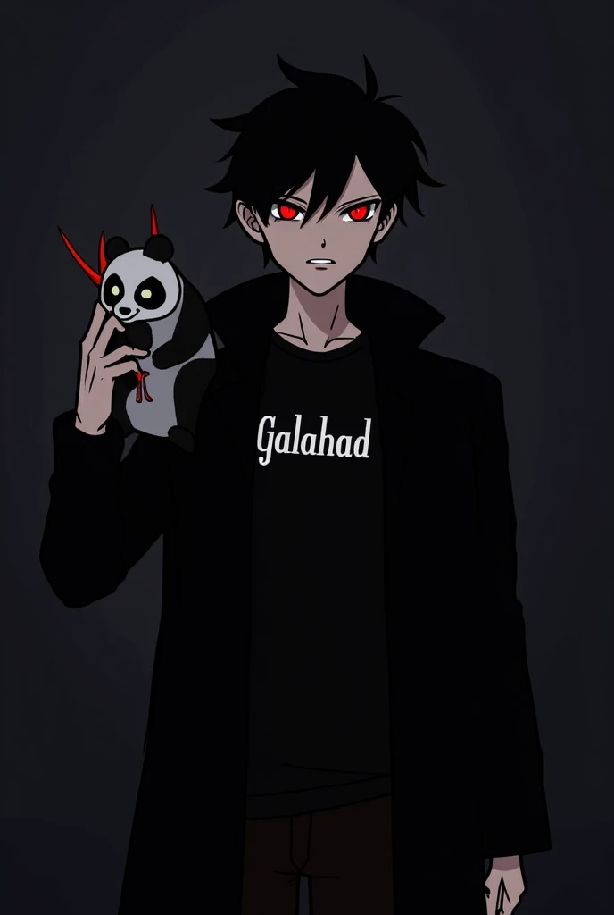 Cartoon style man,  red eyes ,  short black hair with a gradient on the sides, dark style , and black overcoat, Written on the black Galahad t-shirt in the color white, holding a demonic panda!