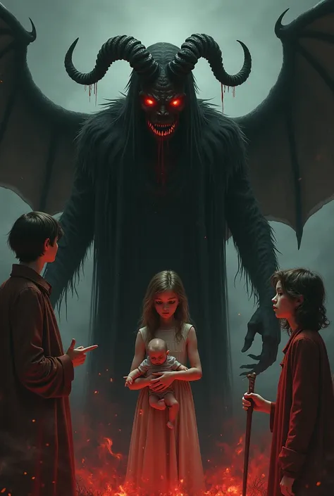 He created a poster for me in which a terrifying demon covered her face and her side was a girl holding a one-year-old  in her hand, her friend next to her, her friend's brother aged 20 and those around them from worshipping demons. A scary poster 