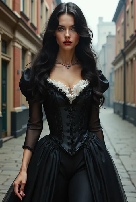 A beautiful sophisticated woman with long raven hair, pale skin, electric blue eyes, red lips, hourglass figure, walking the streets of England in the 18th century ,full body view