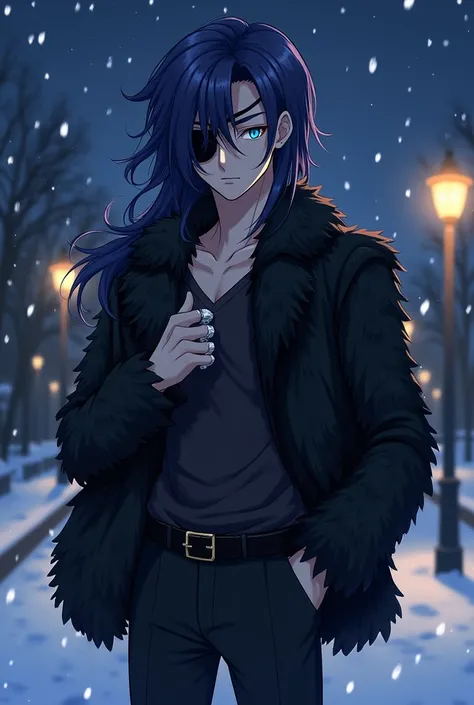 anime handsome young man, adult, manhwa drawing, dark-blue hair, wavy hair, long hair, eyepatch, slim, cunning, tantalizing, yandere, yandere male, detailed, outside, night, stars, mysterious blue eyes, silver rings on fingers, black fitting slacks, fluffy...