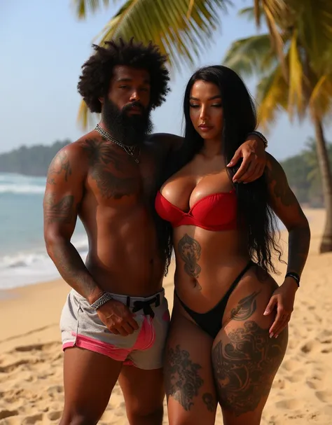  a very strong , alpha tall dark black skin big huge muscles rugged dark skin black , bulged african man,wearying half paint ,having a full, thick careless beard. He has curly, voluminous careless,afro hair and is shirtless, showcasing extensive tattoos,on...