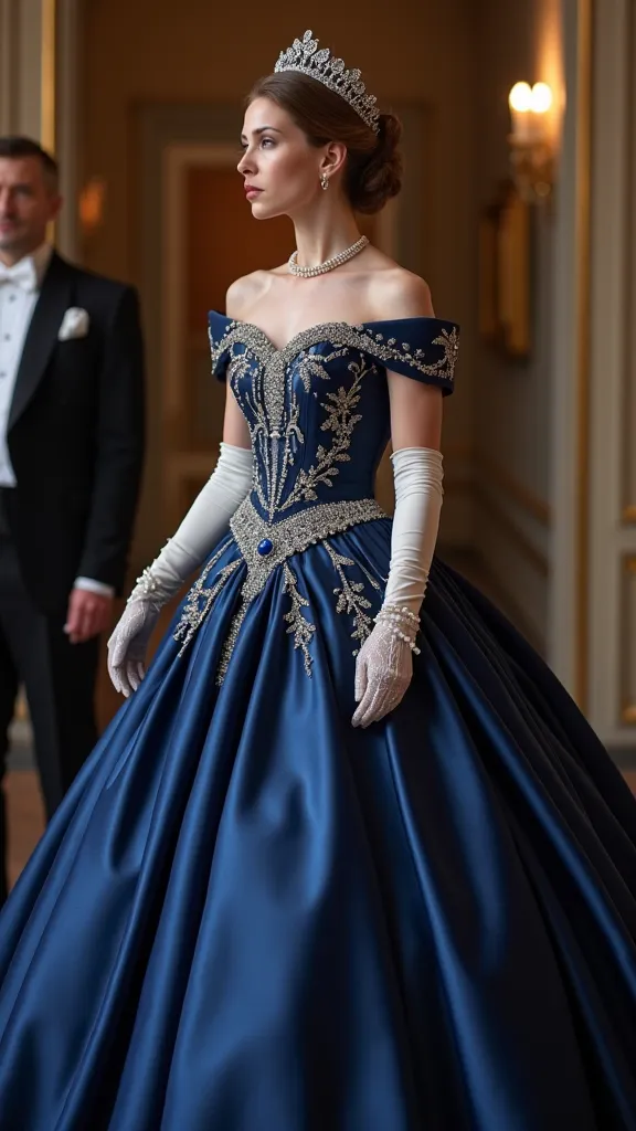 A magnificent gown of midnight blue satin, rich and lustrous, clings to the queen's form with a fitted bodice, adorned with intricate beadwork of silver and pearl that catches the light with every movement. The neckline, modest yet elegant, is trimmed with...