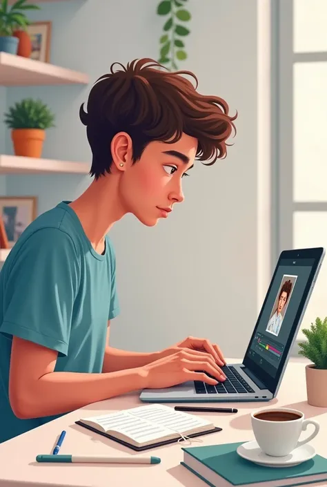 "A digital illustration of a person working on a laptop, writing an article or creating a video. The individual is focused, typing on the keyboard or editing a video on the screen. The workspace is organized, with notebooks, pens, and a cup of coffee nearb...