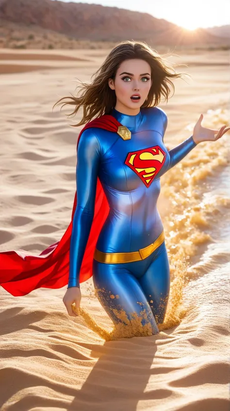 

"A stunning and powerful Supergirl lies on the hot sand in the middle of a vast desert, her fair skin glistening under the bright sun. Her iconic blue and blue costume is slightly dusty, and her flowing red cape spreads out behind her. With a determined ...