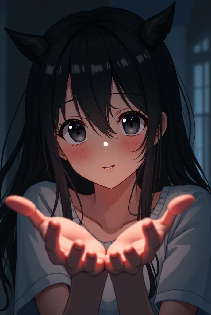 anime beautiful girl,with very dark hair , with black eyes, holding your hands, your face smiles, view in a dark room