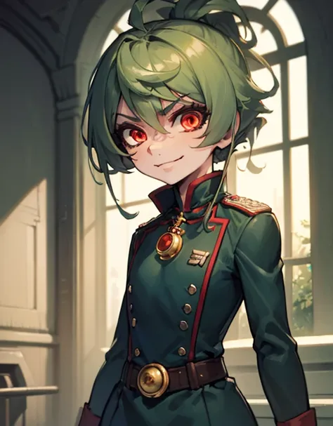 (masterpiece, best quality: 1.1), 1girl solo, tanya, 1girl, solo, , flat chest, small breasts, curvy, military, military uniform, ,, evil smile, wicked expression, anger, red eyes, neutral lighting