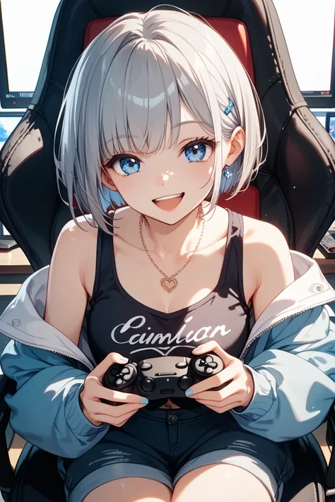 anime、 Shortcut with Bangs、 gray hair、 cobalt blue eyes、Black mesh color、 girl、One person、Loungewear、During the game、 has a controller、 sitting in a gaming chair、 happy face、