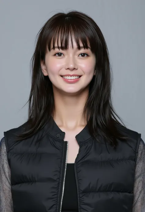   A young Japanese woman 、 mikako tabe、  black hair、  ear piercing、smile、   emphasizes the impression that the teeth are beautifully aligned  、  black down jacket 、 grey background

