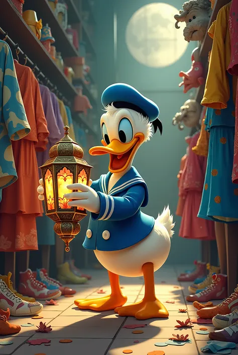 Donald Duck holds a Ramadan lantern in a ren's clothing store