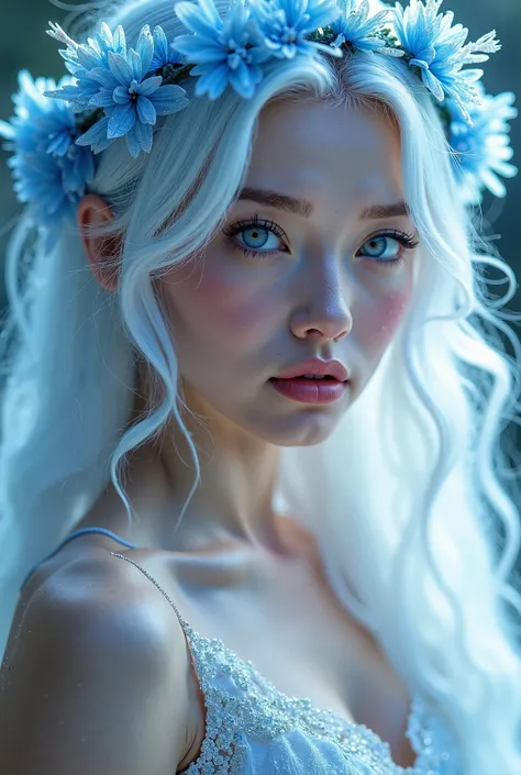 A captivating close-up portrait of a breathtakingly beautiful woman with waist-length, silky white hair, her delicate features bathed in a soft, celestial blue glow. Her bare shoulders and chest are wrapped in an exquisite, intricately woven white gown, fi...