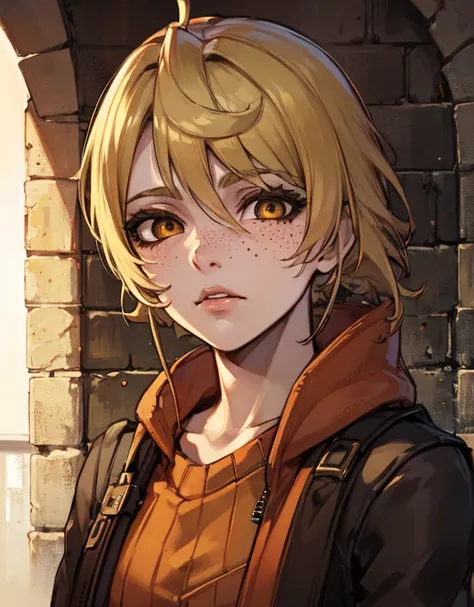 masterpiece, high-detailed:1.2, heathersh3, heather mason, silent hill 3, young adult, 1girl, posing on camera, short blond hair, (white vest with pockets and orange sweater under it), freckles:0.3 , portrait, character, brown eyes, bare shoulders, , rusty...