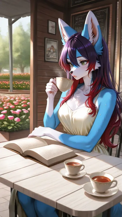  sitting, drinking tea, outside restaurant, white fancy table, reading book, one female furry,  green eyes, purple hair with red hair on the tips, blue fur, nout, ears, wolfy furry fox (light color:1.4)GBF_style、748cmstyle、32K、 is present、Artistic、 profess...