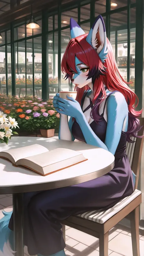  sitting, drinking tea, outside restaurant, white fancy table, reading book, one female furry,  green eyes, purple hair with red hair on the tips, blue fur, nout, ears, wolfy furry fox (light color:1.4)GBF_style、748cmstyle、32K、 is present、Artistic、 profess...