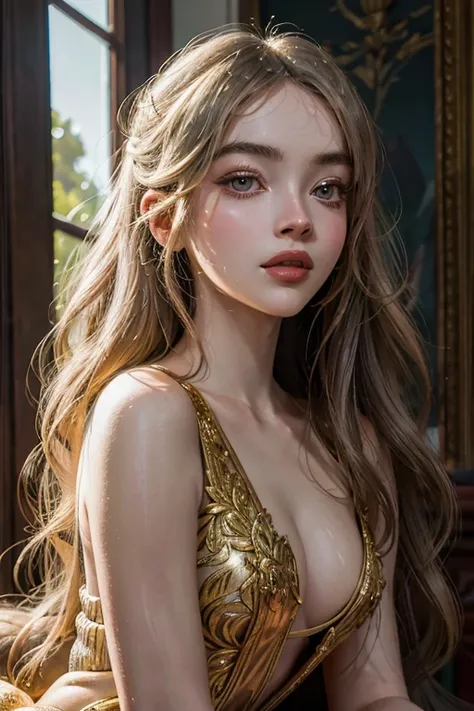 Anya Taylor Joy, A slim woman with an extremely defined waist, graceful and elegant proportions, with a timeless beauty. Her face features deeply detailed eyes, framed by long dark lashes, and perfectly shaped, soft lips. Her white hair falls in soft waves...