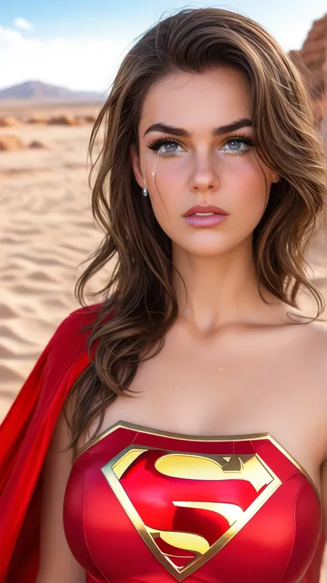 

"A stunning and powerful Supergirl lies on the hot sand in the middle of a vast desert, her fair skin glistening under the bright sun. Her iconic blue and red costume is slightly dusty, and her flowing red cape spreads out behind her. With a determined y...