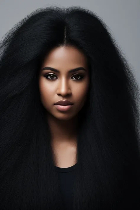     very long hair , almost completely jet black hair ,   long wolf hairstyle,    most extreme lion hair     ,Thick Hair,fluffy hair,The hair covers the entire left eye,heaviest hairstyle    , Shiny jet black hair,  1 African-American woman ,  Female jail ...