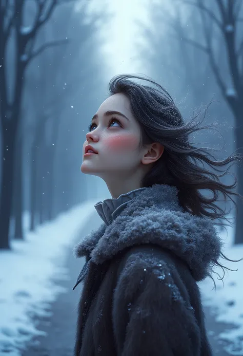 1 girl, European, dark hair winter ( close-up of the upper body ), girl walks down a long alley with trees . The girl's body is shot from the side , her head is turned towards the viewer . winter atmosphere , (snow falls in flakes ), snowdrifts , fo...