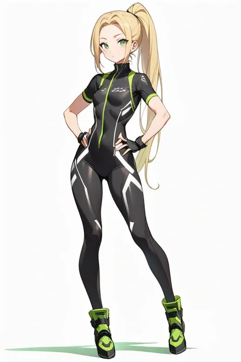 (White background: 1.2) Young girl, body facing the viewer, body with curves from left to right, small breasts, medium waist, normal hips, long sexy legs, small round butt (middle part of the back ), bright green eyes and long blonde hair, hair tied in a p...