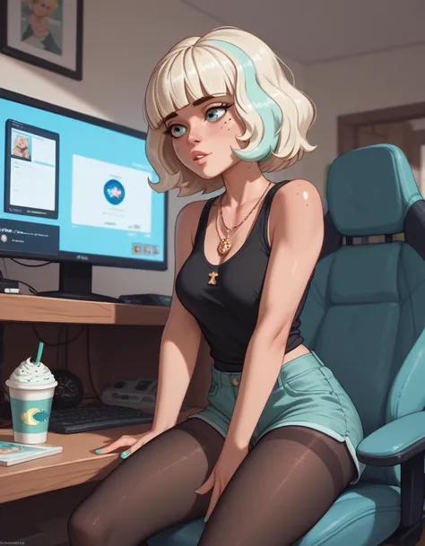 Jackie Lynn Thomas wearing black tank top and short shorts and black tights playing video games, looking at the monitor,  watching the game , Concentrated playing,  thin, sexy