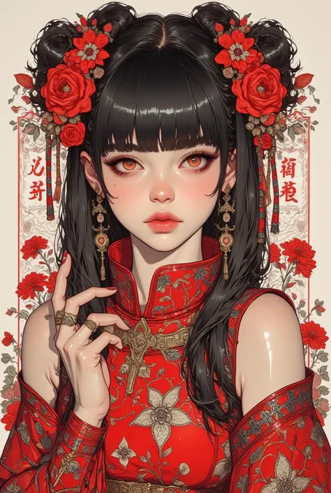 There are pictures of a woman in a red Chinese dress, sleeveless, off shoulder, sexy, gothic aesthetics of women, black hair, bangs, lots of flowers, toe buns, close-up details, detailed photography, with clear details, ARTY LOVE BLOW style, silk screen ar...