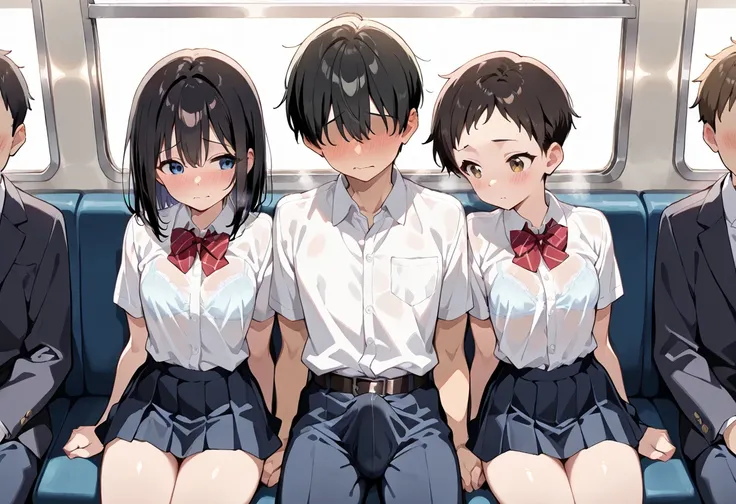 ((masterpiece, best quality, ultra detailed, high resolution, beautiful detailed face, beautiful detailed eyes, perfect hands)), (1 boy, 2 girls, group shot), (small breasts), (black hair, very short hair), (school uniform, mini skirt), (white shirt, bra v...