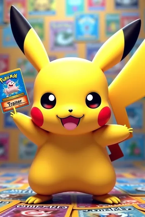 Pikachu with a pokemon card in the background.  With the name card trainer 