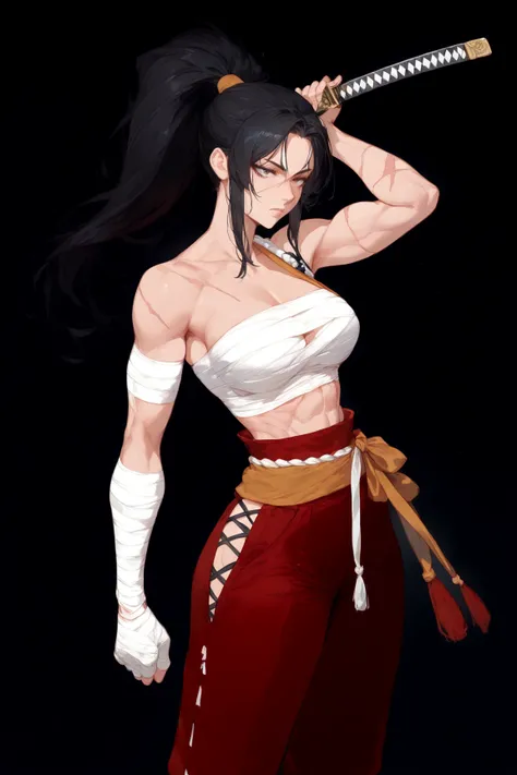 Woman, black hair, long hair, Ponytail,separated strands of hair, bandage top, scar on the belly, bandages on the arm, red samurai pants, Katana, anime style, damueai hat