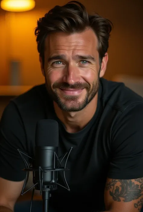 an attractive man looking like chris evans but different in a podcast environment with cozy yellowish lights, with a black microphone in front of him. his in front of the camera