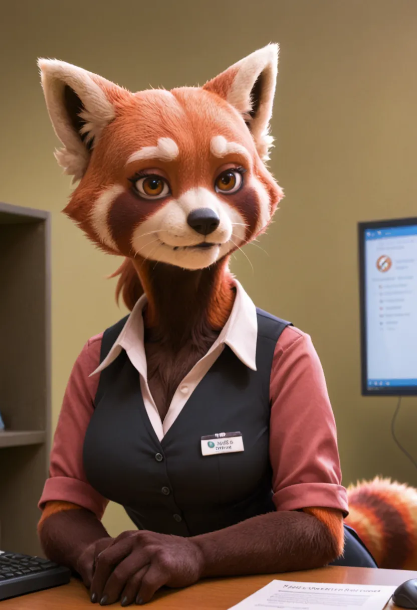 Female Red Panda employee, bald