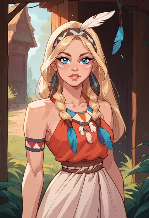 score_9, score_8_up, score_7_up, score_6_up, 1girl, solo, long hair, blonde hair, native american dress, looking at viewer, blue eyes, outdoorsvery light skin, feather hairband