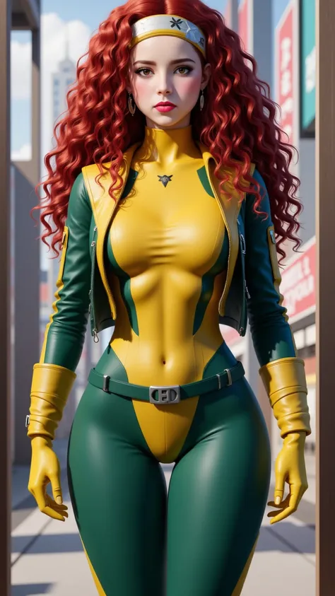 CARTOON_X_MENs_Rogue,ownwaifu, long hair,breasts,rojo hair,red eyes,lipstick,makeup,lips,white hair,two-tone hair,headband,wavy hair,large breasts,messy hair,curly hair,big_hair, yellow bodysuit,jacket,gloves,belt,yellow gloves,green bodysuit,bodysuit,mult...